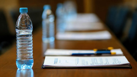 A clear water bottle sits prominently on a wooden conference table beside neatly arranged documents and pens, emphasizing the professional setting for important discussions.の素材