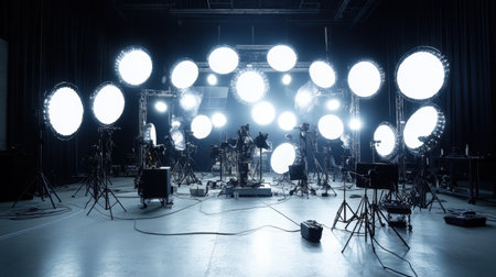 A dynamic studio setup featuring numerous bright lights arranged for a professional photography session, creating an artistic ambiance ready for a captivating shoot.の素材