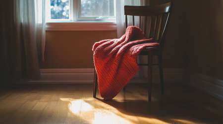 A cozy scene featuring a knitted blanket draped over a wooden chair, illuminated by soft sunlight. This inviting atmosphere embodies warmth and comfort, perfect for a relaxing indoor space.の素材