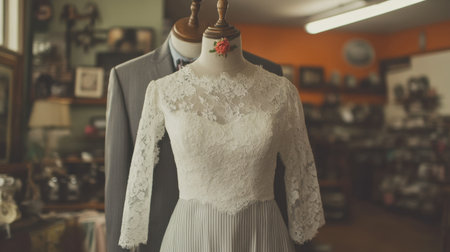 A beautiful bridal gown with intricate lace details sits elegantly on a mannequin, paired with a groom's suit, capturing the essence of wedding preparation in a charming boutique.の素材