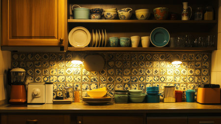 This image captures a cozy kitchen scene featuring colorful dishware, modern appliances, and soft warm lighting, perfect for culinary creativity and inspiration.の素材