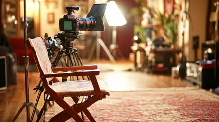 A beautifully arranged film studio featuring a camera setup with a vintage wooden chair, soft lighting, and an inviting atmosphere, perfect for creative projects.の素材