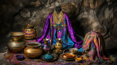 This captivating composition features an array of traditional artifacts and textiles that highlight the rich cultural heritage and craftsmanship in a historical setting.の素材