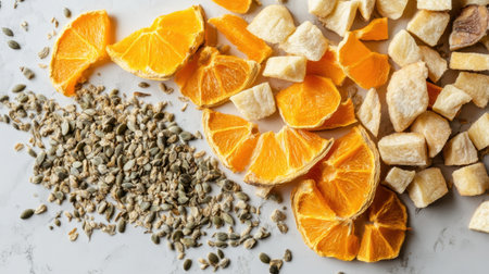 Discover a visually appealing collection of dried orange slices, chopped fruit cubes, and sunflower seeds, perfect for enhancing healthy snacking and kitchen aesthetics.の素材