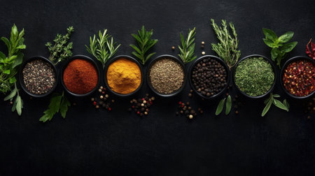A visually striking collection of spices and herbs arranged in bowls against a dark background, perfect for culinary inspiration and food-related projects.の素材