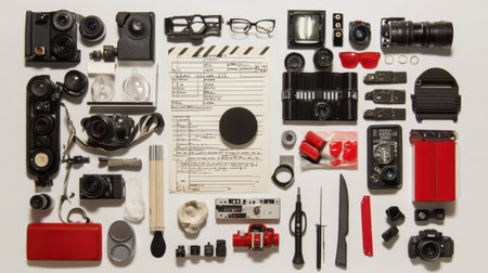 A flat lay showcasing an assortment of vintage photography equipment and accessories on a white background, perfect for those seeking inspiration in creative projects.の素材