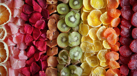 A stunning display of dried fruits arranged in a vibrant, colorful pattern, showcasing the beauty and diversity of nature's snacks with a focus on freshness and health.の素材