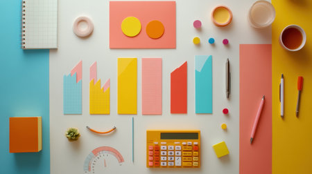 Vibrant workspace featuring a collection of colorful stationery, calculator, and graph papers arranged creatively for an inspiring and organized office setting.の素材