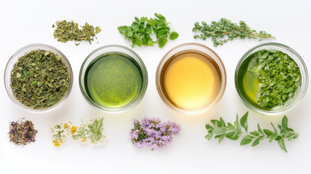 Display of diverse natural oils and fresh herbs showcases vibrant colors and textures, perfect for culinary enthusiasts and healthy cooking inspiration.の素材