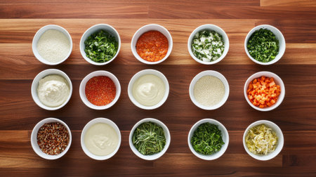 This captivating image displays an array of colorful ingredients in bowls on a wooden table, perfect for inspiration in healthy cooking and culinary creativity.の素材