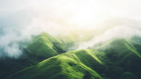 A stunning view of rolling green hills enveloped in soft mist with sunlight gently illuminating the landscape, creating a tranquil atmosphere in nature's embrace.の素材