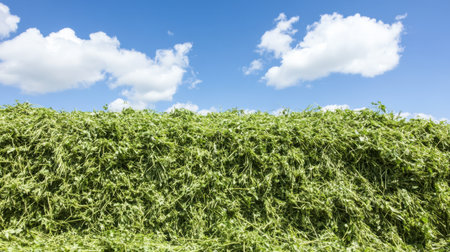 A vibrant pile of fresh green grass sits under a striking blue sky dotted with fluffy white clouds, showcasing the beauty and abundance of nature in agricultural settings.の素材