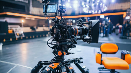 A professional high-end camera setup ready for modern filmmaking in a studio environment, showcasing detailed technology and innovative design ideal for capturing high-quality video.の素材