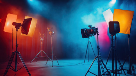 A vivid photography studio showcasing various lighting setups and cameras, creating a unique ambiance with striking blue and orange colors for artistic shoots.の素材
