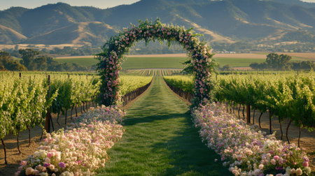 Discover a beautiful vineyard pathway adorned with a floral arch, leading to lush green vines and majestic mountains, creating a picturesque setting for any event.の素材