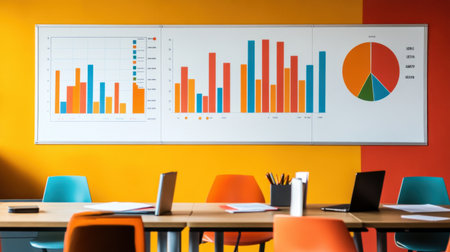 A vibrant office environment featuring colorful graphs and charts on a wall. Ideal for showcasing business data, enhancing teamwork, and motivating productivity in meetings.の素材