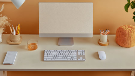 A serene and minimalistic workspace featuring a computer, keyboard, mouse, and office supplies arranged on a warm-toned desk, ideal for inspiration and productivity.の素材