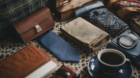 A stylish array of vintage accessories including a tie and leather wallet, set on a patterned surface, complemented by a coffee cup. Perfect for lifestyle concepts.の素材