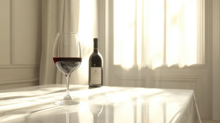 A refined scene showcasing a glass of red wine on a marble table with a wine bottle in the background, bathed in soft natural light, perfect for elegant dining experiences.の素材