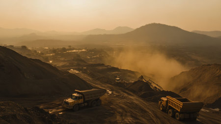 A breathtaking view of an industrial mining operation at sunrise, highlighting heavy machinery working amidst dust and expansive hills in the background, showcasing the scale of activity.の素材