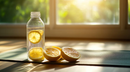A serene image of lemon infused water in a clear bottle, surrounded by fresh lemon slices, capturing a moment of hydration and freshness in a cozy home setting.の素材