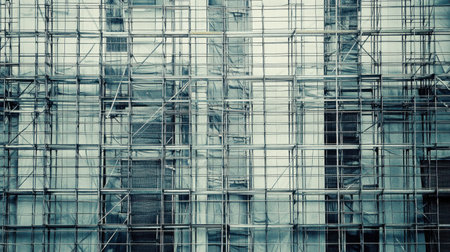 A detailed view of scaffolding surrounding a building under construction. The image captures the complexity of the metal framework and sheeting in a modern urban environment.の素材