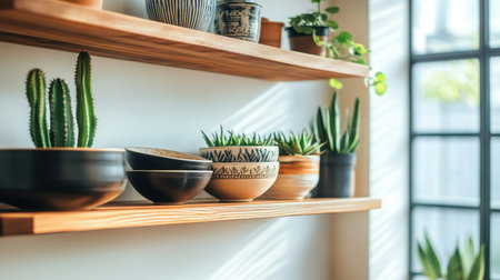 A beautiful indoor arrangement of various plants and unique pottery displayed on wooden shelves. Natural light enhances the cozy, inviting atmosphere of the space.の素材