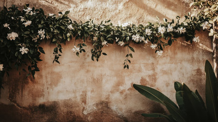 This captivating image features delicate cream flowers cascading over a rustic wall, enhanced by lush greenery, creating a serene and inviting atmosphere perfect for decor inspiration.の素材
