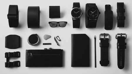 A visually striking flat lay featuring a collection of black accessories including watches, sunglasses, and wallets, perfect for showcasing modern elegance and minimalism.の素材