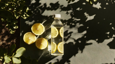 A refreshing bottle of lemon water sits amidst freshly sliced lemons, casting soft shadows on a textured surface, showcasing a vibrant and healthy lifestyle.の素材