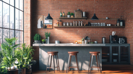 A stunning modern kitchen featuring an industrial style with exposed brick, natural light pouring in, elegant bar stools, and vibrant greenery for a relaxing atmosphere.の素材