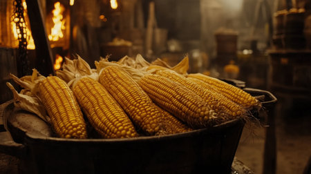 A stunning display of freshly harvested corn ears resting in a wooden basket within a rustic barn. The warm light enhances the cozy autumn vibe, perfect for seasonal themes.の素材