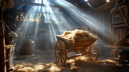 A beautifully lit rustic barn interior showcasing a hay-filled cart with sunlight filtering through wooden beams, creating a warm and cozy atmosphere of rural charm.の素材