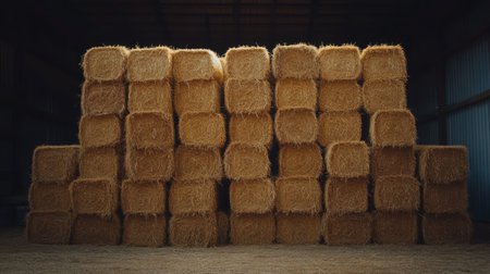 A stunning arrangement of square yellow hay bales stacked high inside a rustic barn, illuminated by gentle natural light, perfect for agricultural and rural project themes.の素材