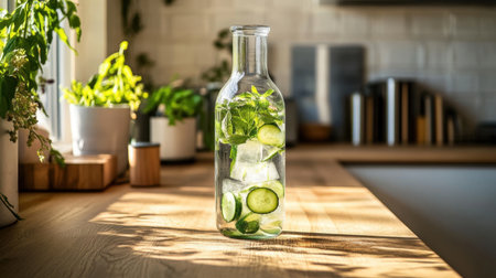 A clear glass bottle filled with refreshing cucumber water infused with fresh mint leaves sits on a wooden kitchen counter, bathed in bright sunlight.の素材