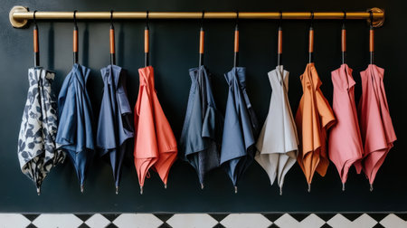 This image captures a stylish arrangement of umbrellas elegantly hung on a rack against a dark wall, showcasing modern design and vibrant colors in an indoor setting.の素材