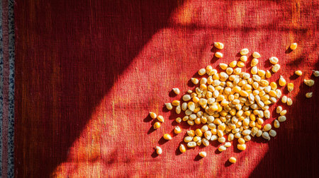 A vibrant image featuring yellow corn kernels scattered on red fabric. The interplay of light and shadow creates an appealing texture, perfect for culinary themes.の素材