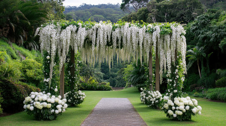 A charming outdoor wedding arch featuring elegant white flowers and lush greenery, set in a tranquil garden. Perfect for romantic ceremonies and celebrations.の素材