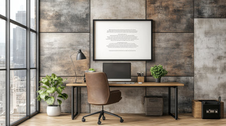 A modern home office showcasing a stylish wooden desk and comfortable chair, combined with greenery and city views, ideal for productivity and creativity.の素材