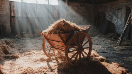 A warm and inviting scene featuring a wooden cart filled with hay in a rustic barn, illuminated by beautiful beams of sunlight that enhance the atmosphere.の素材