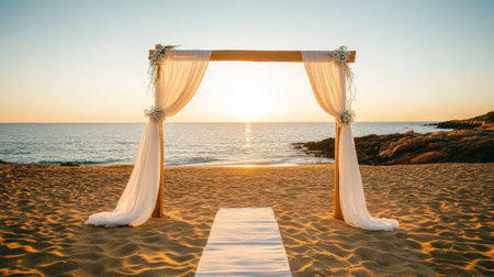 A serene beach wedding setup featuring a wooden arch adorned with flowing drapes, positioned against a stunning sunset over the calm ocean and sandy shore.の素材