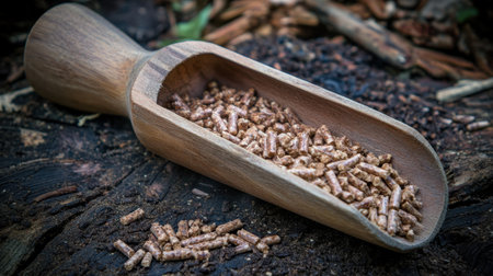 A wooden scoop filled with small pellets rests on a natural backdrop of earth and wood, highlighting organic elements and serene textures in a tranquil setting.の素材