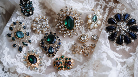 This captivating arrangement features an exquisite collection of vintage brooches, showcasing a variety of sparkling gems and elegant designs on beautiful lace.の素材