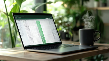 A modern laptop displaying a spreadsheet sits on a wooden table, with a steaming cup of coffee beside it. Lush plants create a serene workspace, enhancing productivity.の素材