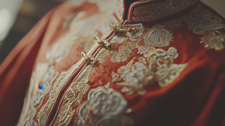 This vibrant red traditional garment features stunning gold embroidery with floral patterns, highlighting the rich craftsmanship and cultural heritage in textile design.の素材