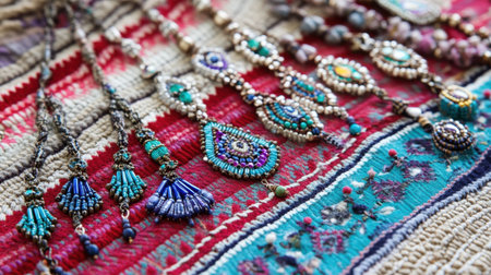 A stunning display of vibrant handcrafted jewelry laid upon a richly woven textile, highlighting the intricate designs and cultural significance of each piece.の素材