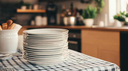 A stack of clean white plates rests on a bistro table in a cozy kitchen setting featuring wooden accents and vibrant green plants, inviting warmth and comfort.の素材