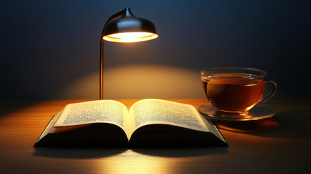 A serene and inviting scene featuring an open book illuminated by a soft lamp light, accompanied by a warm cup of tea on a wooden table, perfect for a quiet evening.の素材