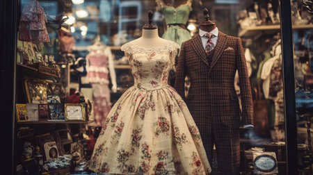 Discover a charming storefront showcasing vintage fashion with an elegant dress and classic suit, creating a nostalgic atmosphere in a picturesque urban setting.の素材