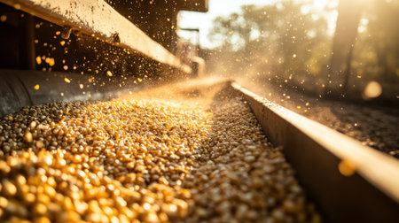 A close-up view of golden corn kernels flowing smoothly on a conveyor belt in bright morning light, surrounded by dust particles, showcasing agricultural operations.の素材